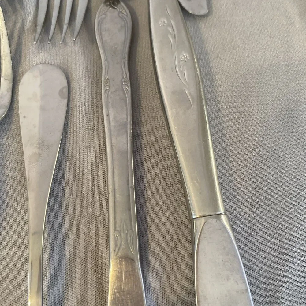 Vintage Lot Mixed Stainless Steel Flatware Silverware MCM Floral Textured Atomic